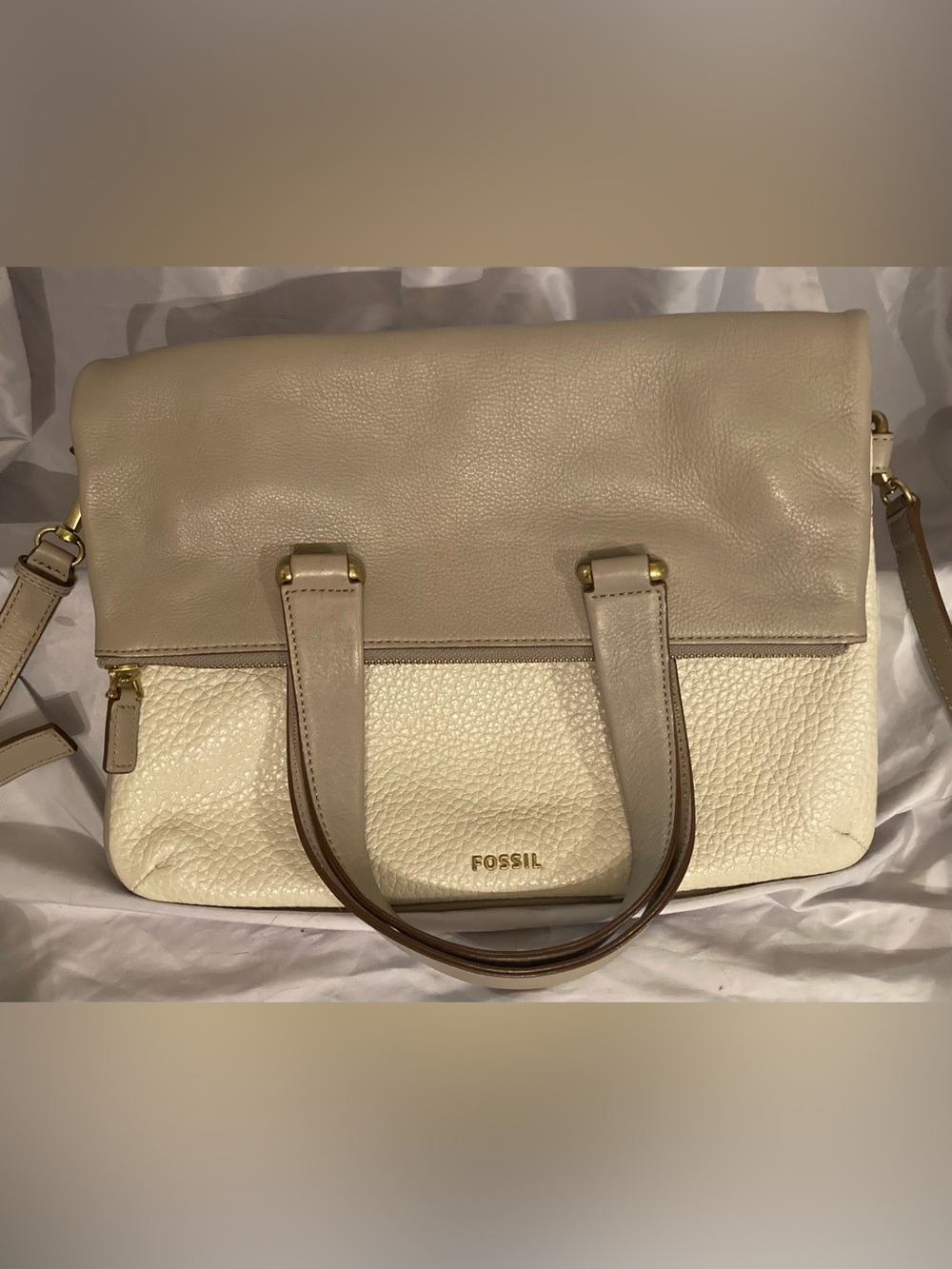 Fossil Fold Over Khaki Cream Leather Satchel Bag w/ Crossbody Strap